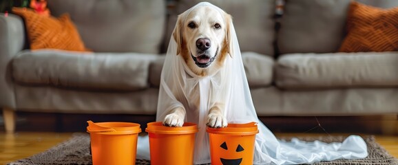 Cute Labrador Retriever dog wearing ghost costume with Halloween buckets indoors