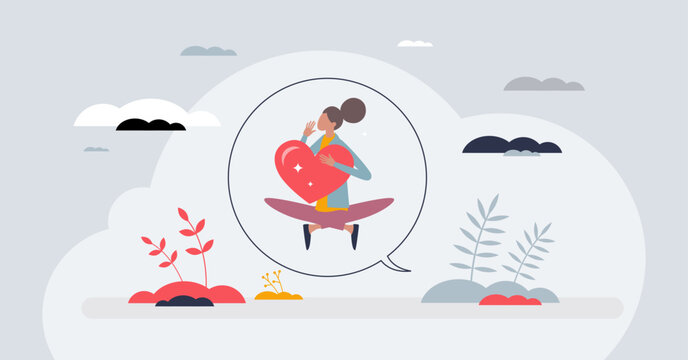 Morning affirmations for self esteem and acceptance tiny person concept. Start your day with good vibes, optimistic attitude and inspirational mindset vector illustration. Meditation and yoga therapy