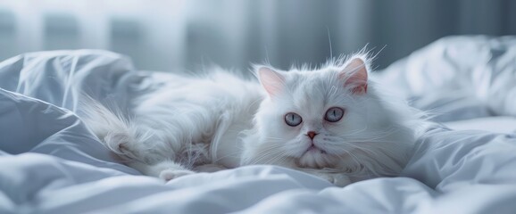 Obraz premium Cute white cat lying in bed. Cozy home background