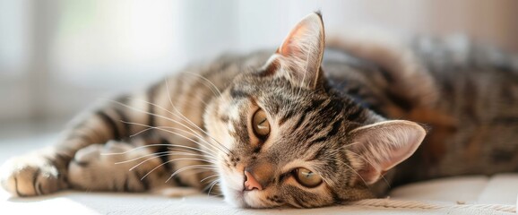 Cute tabby cat laying down on white table.