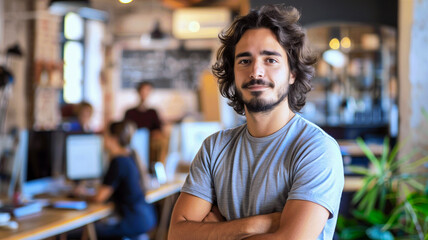 Portrait of male office worker in grey t-shirt standing in office with teamwork on background