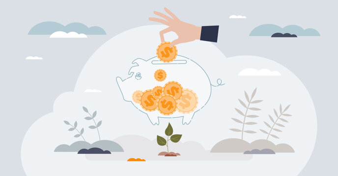 Nonprofit fundraising as financial support donation tiny person hands concept. Saving money in piggy bank for humanitarian campaign as gift for poor social group vector illustration. Contribution aid