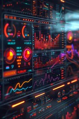 Obraz premium A high-tech data visualization display featuring vibrant global economic trends on a futuristic interface