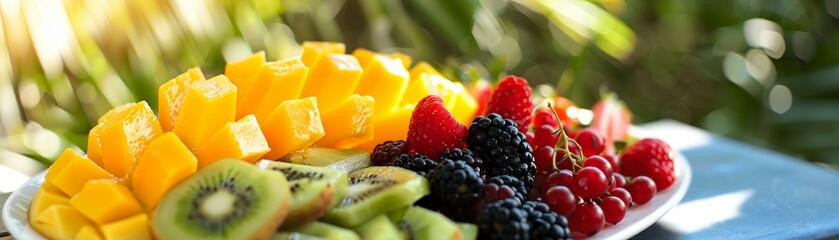 A tropical fruit platter with mango kiwi