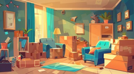 In this cartoon modern illustration, the dwelling is with belongings in carton packaging that are ready to move to a new home or to be transferred to a new location.