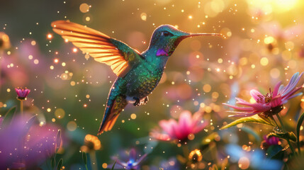 Fototapeta premium Magical scene of a hummingbird in flight, hovering over colorful flowers under a twilight sky lit by sparkling lights.