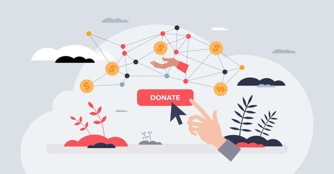 Online fundraising campaign for money donation tiny person hands concept. Economical assistance and social aid for poor people vector illustration. Charity activity using internet website or app.