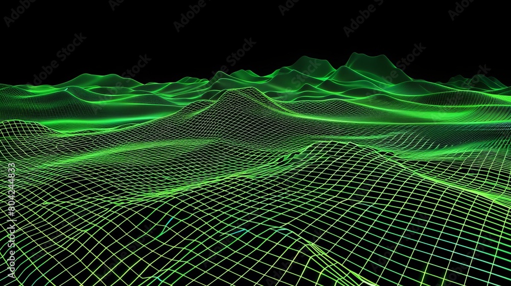 Poster the wireframe landscape is abstracted with a green grid pattern on transparent black. retro futurist
