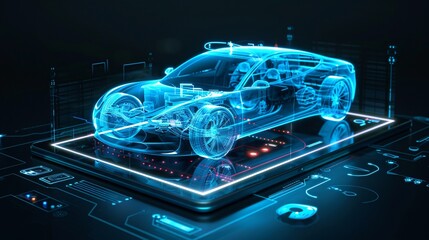 Application for a digital tablet for wireless diagnostics and analysis of the technical condition of the electric motor in the car and the state of the battery. Car model shown in 3D projection 