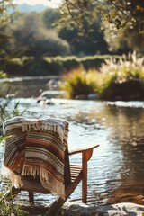 Wooden chair with a blanket by a tranquil river warm sunlight