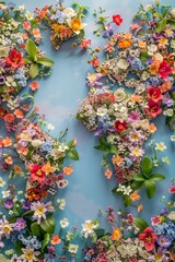 World map made of colorful flowers and leaves on a sky blue background overhead bright lighting