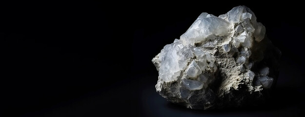 Obraz premium Dolomite is a rare precious natural stone on a black background. AI generated. Header banner mockup with space.