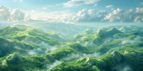 Lush Green Mountainous Landscape with Serene Valleys and Wispy Clouds in a Picturesque Nature Postcard