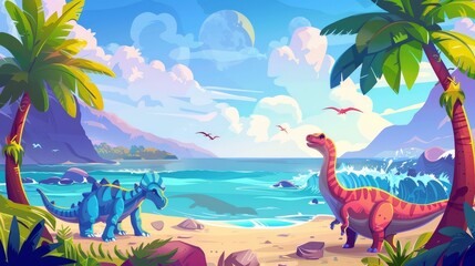 The summer island has dinosaurs near the sea and a tropical ocean background scene. An adventure on seaside shore panorama illustration shows palm trees and brachiosaurus. - obrazy, fototapety, plakaty