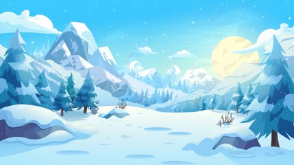 Snowy winter landscape with trees and rocky high hills. Cartoon modern snowy background with trees and rocky hills with blue sky. Cold north landscape.