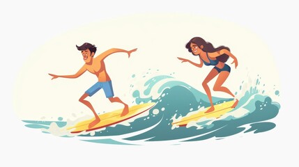 Cartoon modern illustration set of man and woman standing on surfboard in sea or ocean. Happy active people swimming. Summer beach extreme adventure.