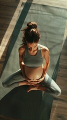 Fototapeta premium Pregnant woman embracing her belly in a yoga studio. Fitness during pregnancy.