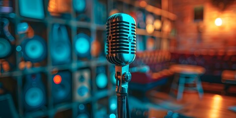 Vintage Microphone Captivates in Cozy Music Production Studio for Podcast Exploring Album...