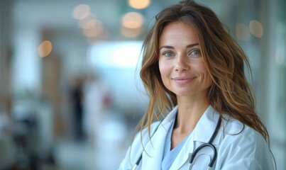 Obraz premium A female doctor in a white coat, standing in a hospital