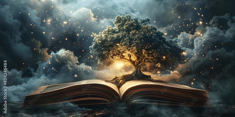 Poster mythical tree of knowledge emerging from enchanted storybook landscape