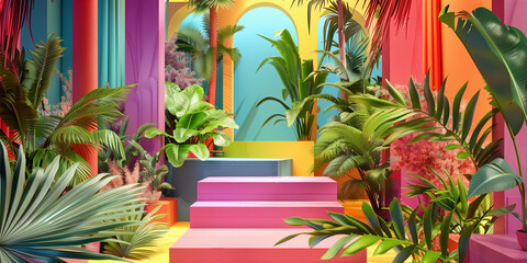 Unique and diverse product display podium, adorned with bright and vibrant tropical colors. Generative AI.