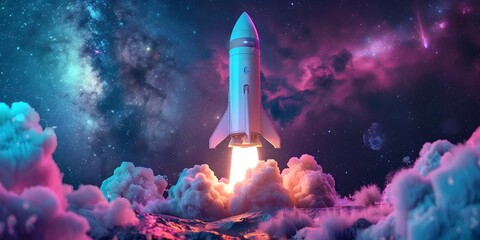 Obraz premium Dramatic Liftoff of Futuristic Spacecraft Amidst Colorful Cosmic Atmosphere