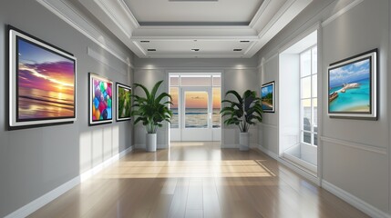 A sleek entrance hall with a gallery of interactive digital picture frames