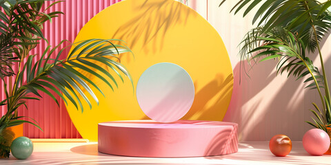 Unique and diverse product display podium, adorned with bright and vibrant tropical colors. Generative AI.