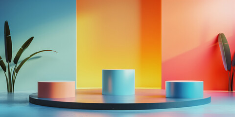 Unique and diverse product display podium, adorned with bright and vibrant tropical colors. Generative AI.