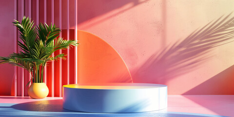 Unique and diverse product display podium, adorned with bright and vibrant tropical colors. Generative AI.
