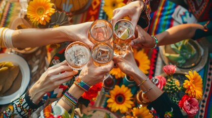 Hands of four young people toasting with glasses of tequila over festive table decorated with gerberas and domestic cactuses at party - obrazy, fototapety, plakaty
