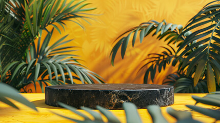Unique and diverse product display podium, adorned with bright and vibrant tropical colors. Generative AI.