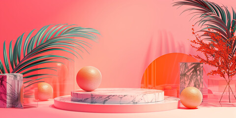 Unique and diverse product display podium, adorned with bright and vibrant tropical colors. Generative AI.