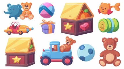 A kid's box with a bear toy, a ball, a child's car, all isolated on white background. Kids box with toys, stuffed animals, and a stuffed bear.