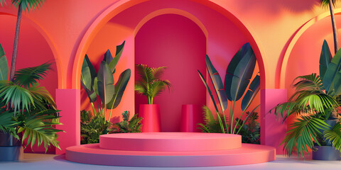 Unique and diverse product display podium, adorned with bright and vibrant tropical colors. Generative AI.