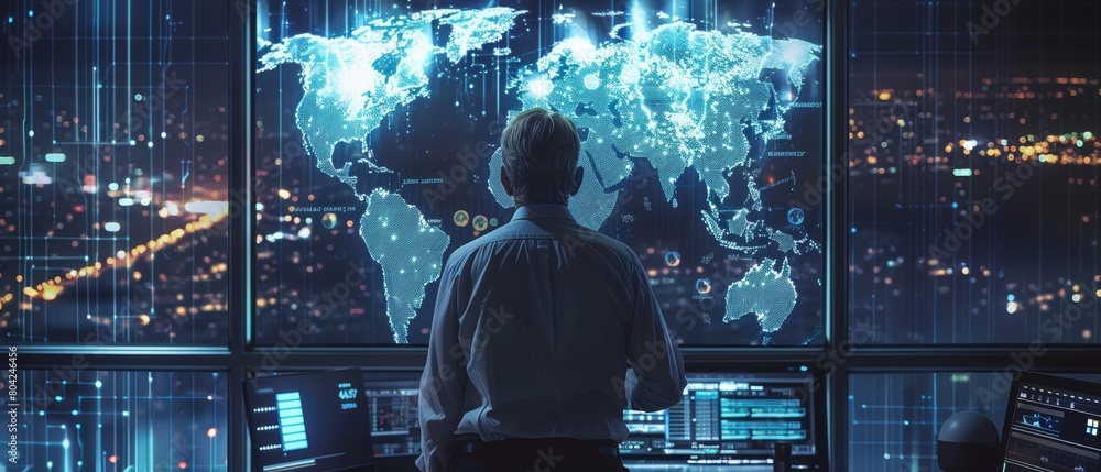 Poster observing a big screen display showing a global map with data points in a room with servers for a te