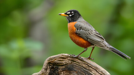 Vibrant close-up image of an American Robin standing on a log, showcasing its striking orange breast and detailed feathers against a blurred green background.