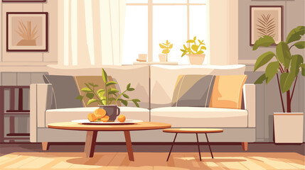 Cozy grey sofa and plate with lemons on wooden coff
