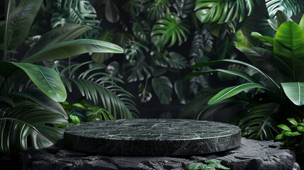 An elegant black stone product display podium, with green tropical leaves in the background. Generative AI.