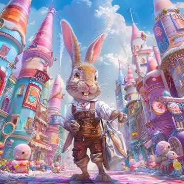 Little rabbit in fantasy land Filled with candies and sweets So happy to travel around the city.