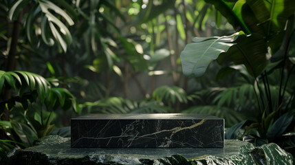 An elegant black stone product display podium, with green tropical leaves in the background. Generative AI.