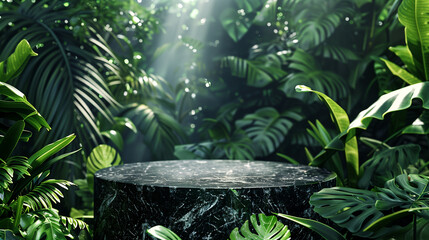 An elegant black stone product display podium, with green tropical leaves in the background. Generative AI.