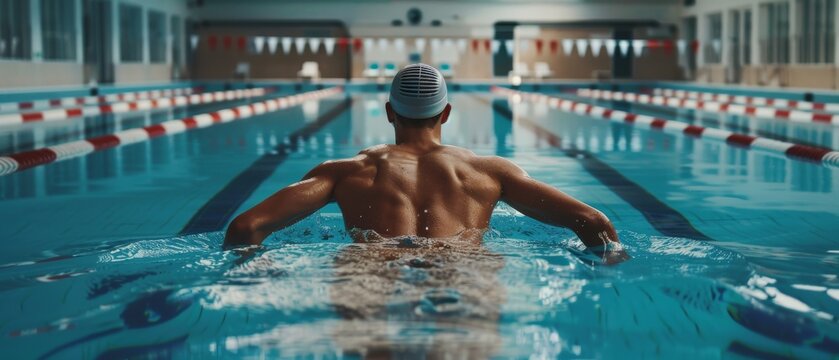 Various shots of a professional trainer training a future champion swimmer. The swimmer is about to dive, the trainer is timing laps with his stopwatch. The team is ready for a world record and