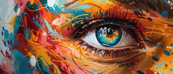 A beautiful eye with blue iris and bright colorful makeup.