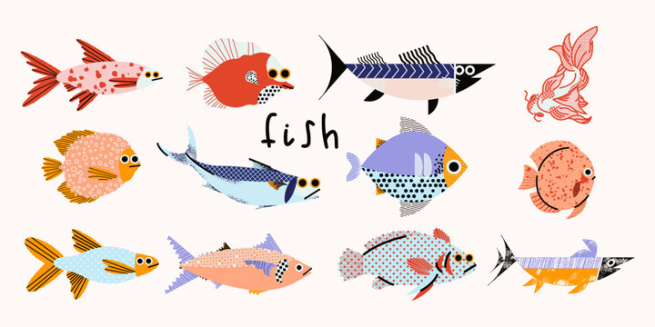 Fototapeta Cute collection of 12 different fish in flat style. Vector set of design elements for print, illustration, postcards