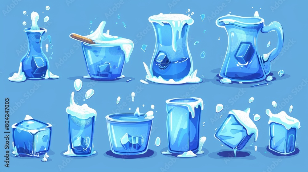 Poster symbolic illustration of an ice cube melting in water. cold jug and cup with melting liquid puddle e