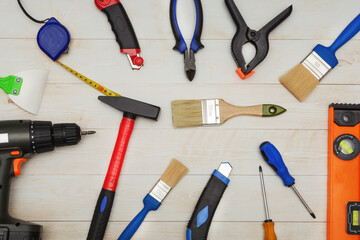 A set of tools for repair work in a house or apartment. Tools for a builder or electrician. Flat lay