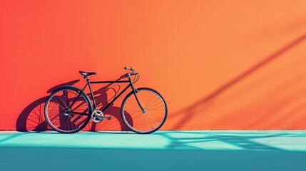 Fototapeta premium A black bicycle is leaning against an orange wall, with a blue floor.