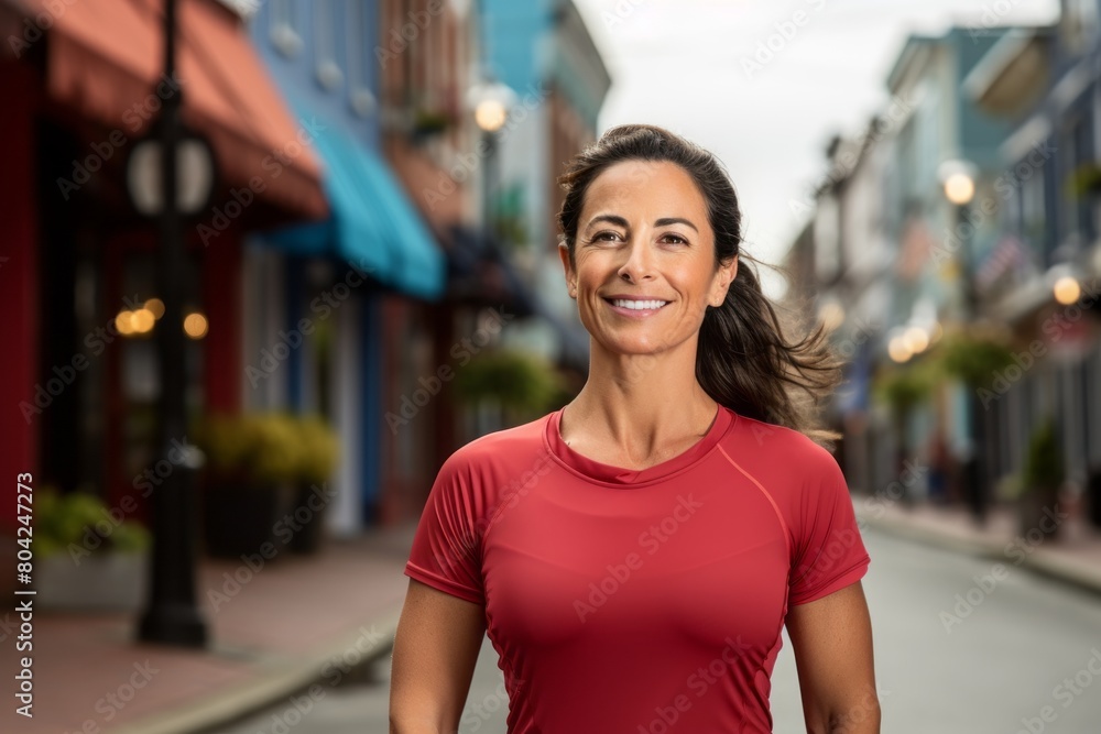 Wall mural Portrait of a blissful woman in her 40s sporting a breathable mesh jersey while standing against charming small town main street - Wall murals