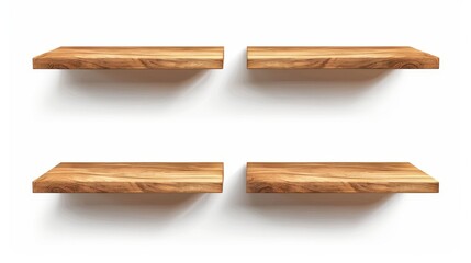 A set of three wood shelves isolated on a white background. Modern realistic illustration of blank decorative wall shelves, for homes, offices, shops, interior design elements, oak texture.